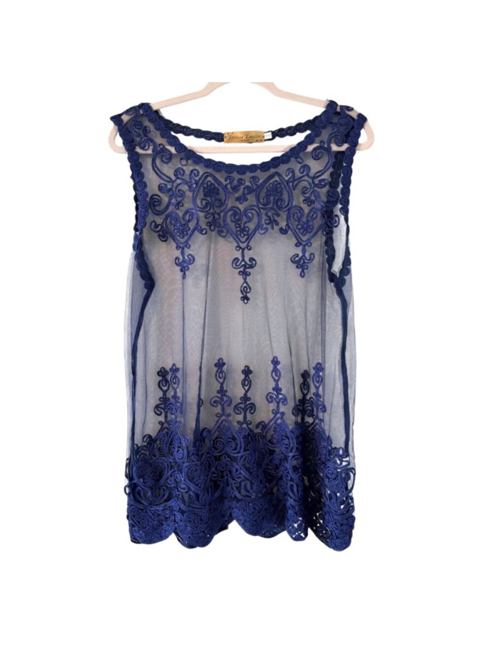 Jessica Taylor Blue Sheer Lace Embroidered Sleeveless Tunic Top Ones Sz Top - Picture 6 of 12